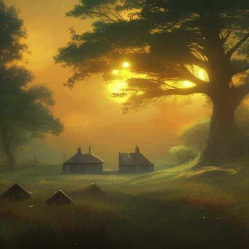 Magical Sunrise Over Forest Meadow: Fantasy Art