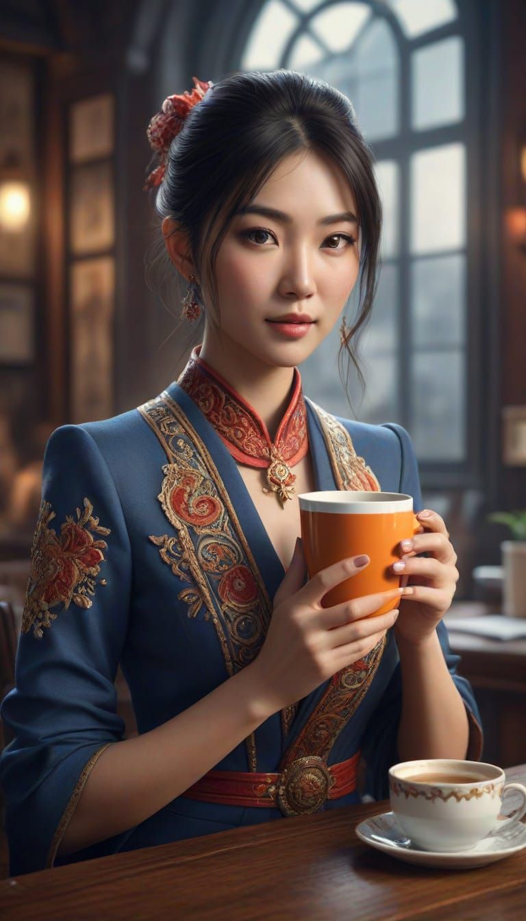Asian Secretary with Coffee: Fantasy Concept Art