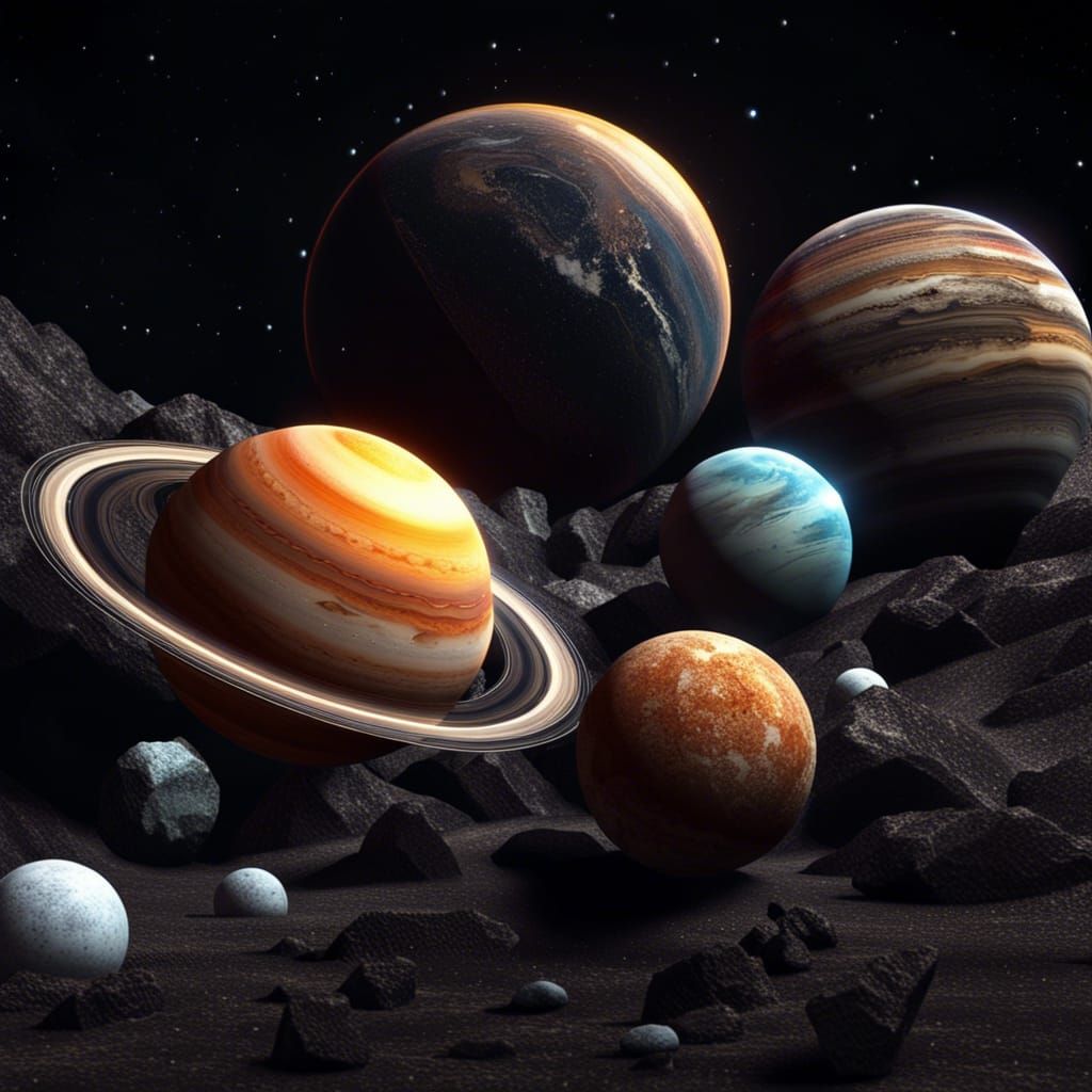 Bright 3D Planets with Rings in Space