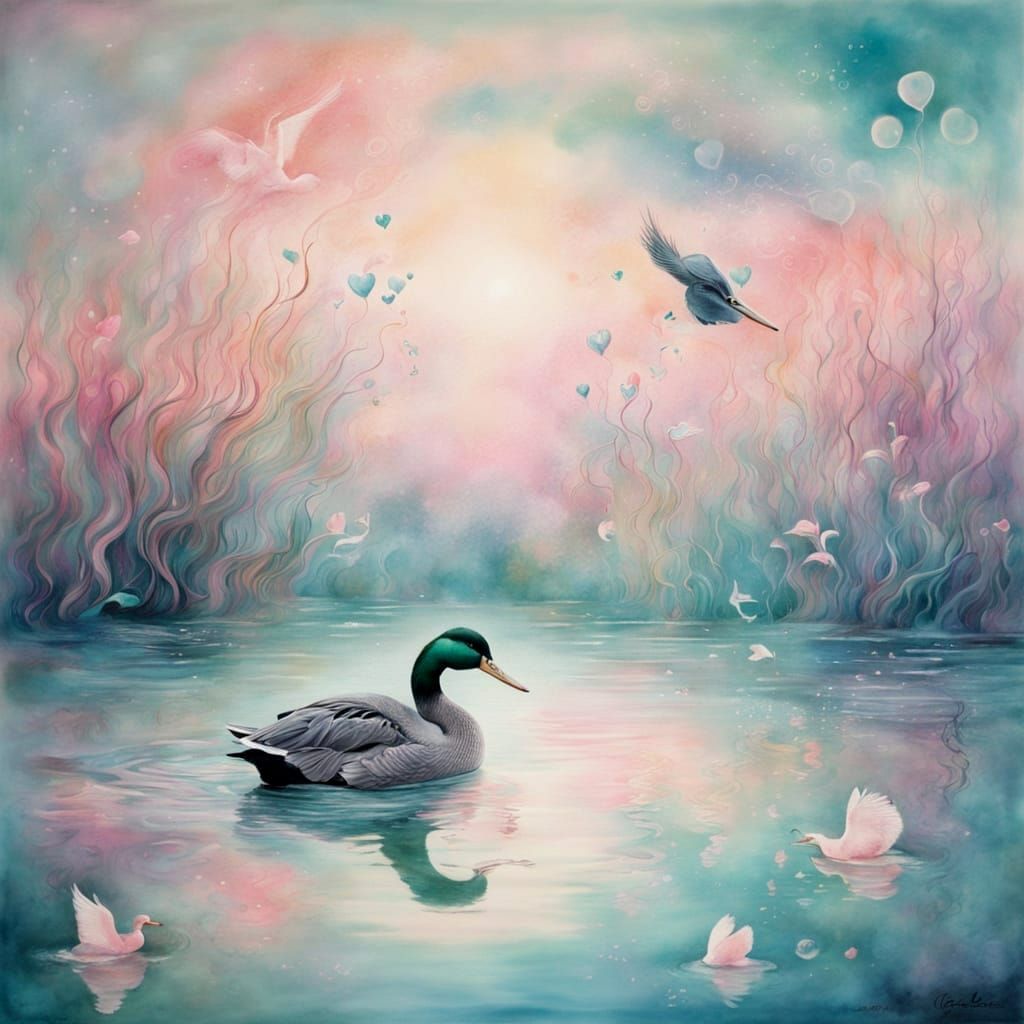Pastel Dreamscapes with Whimsical Waterbirds