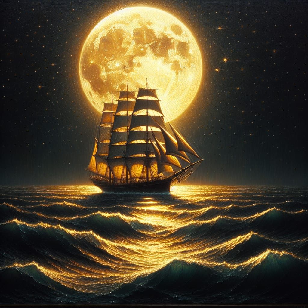 A Sailing Ship Under a Golden Moon in 19th-Century Maritime ...