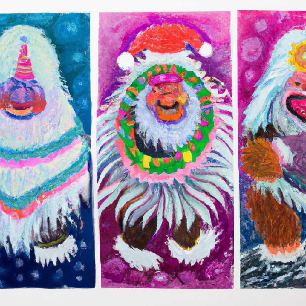Festive Yeti Triptych in Gouache Style