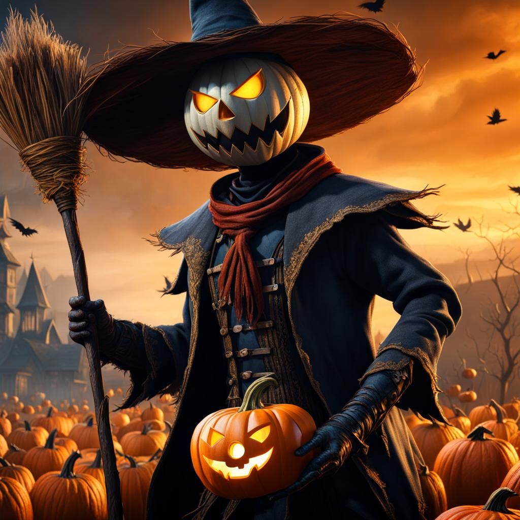 Pumpkin Head Scarecrow with Crows, Matte Painting