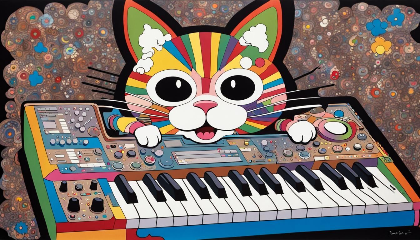 Cat Musician in Superflat Style, Dark Palette