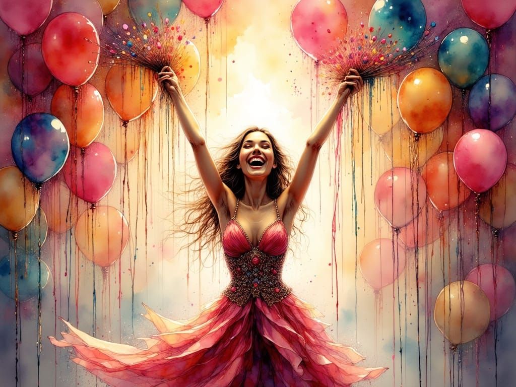 Celebratory Scene in Vibrant Colors with Elegant Woman in Ev...
