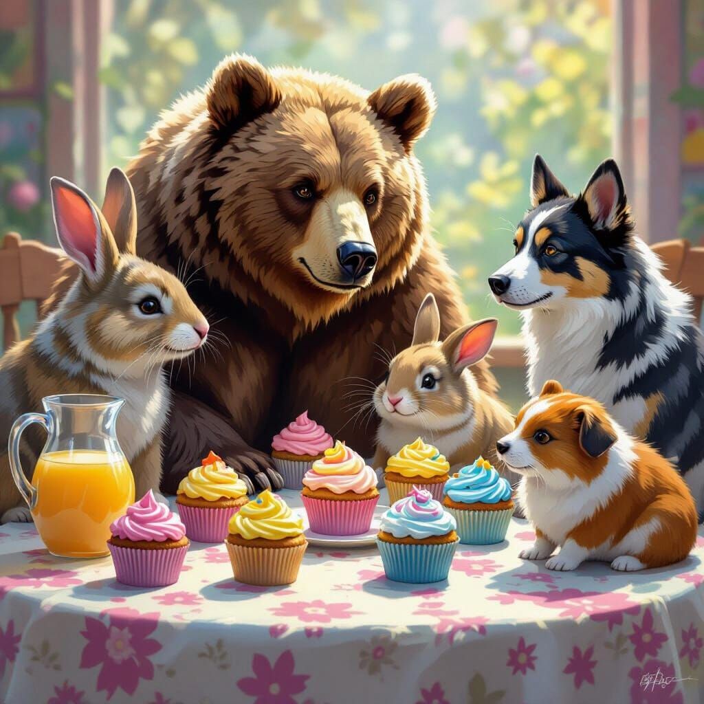 Friends Gathered Around Cupcakes: Animals Share Treats