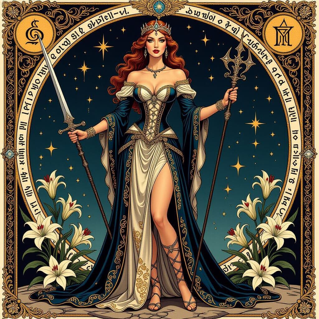 Medieval Queen on Flat Earth in Gravure Style