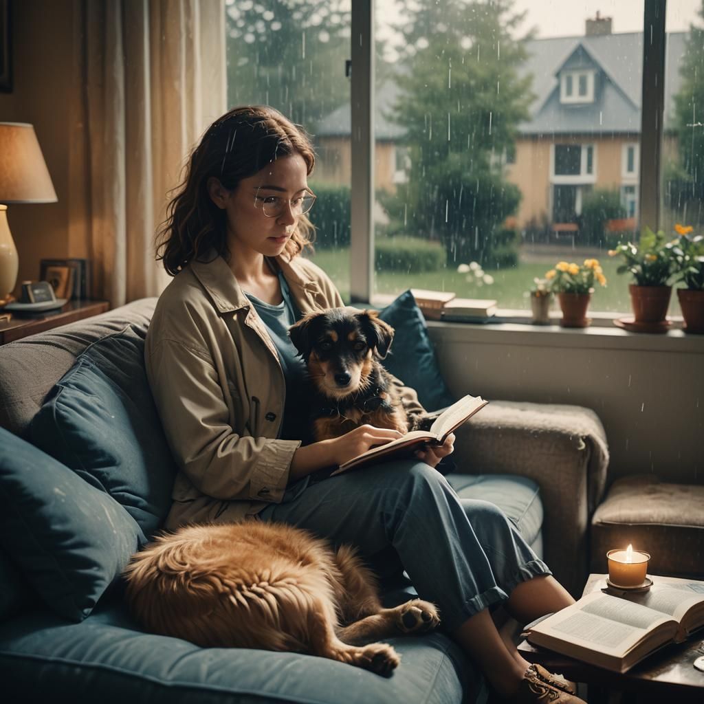 Cozy Reading Scene with Dog, Cinematic Film Still