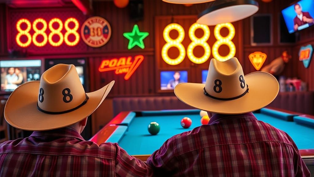Retro-Futuristic Pool Hall Scene with Neon Signs and Cowboy ...