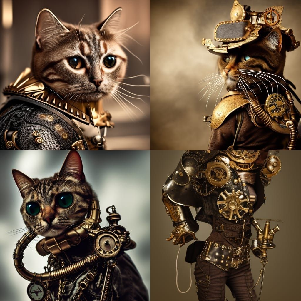 cat wearing steampunk style armor hyper defined intricate detail 8k resolution photo quality epic lighting