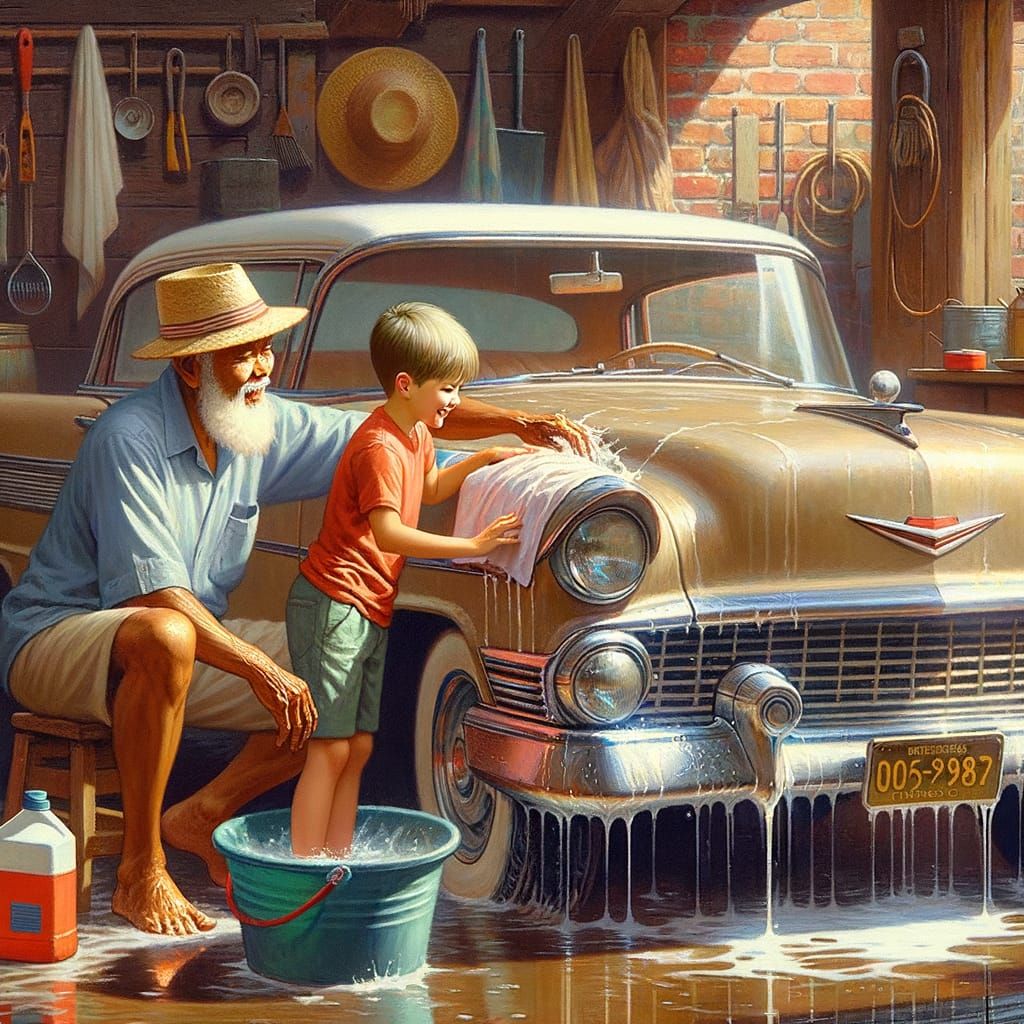 Elderly Man and Grandson Wash Classic Car in Nostalgic Garag...