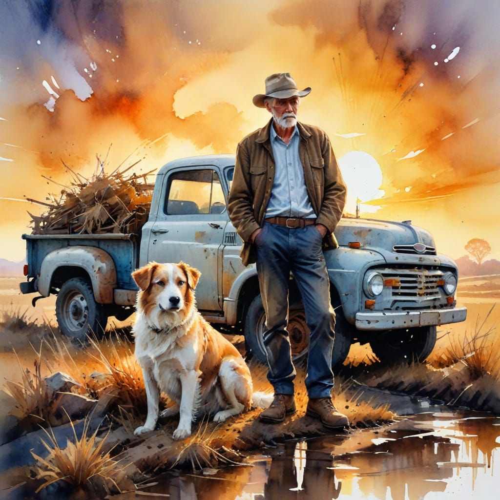 Rustic Sunset Farm Scene in Watercolour Style