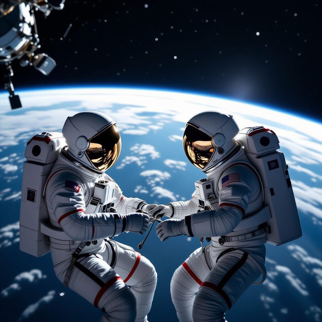 Astronauts Repair Space Station with Earth in Background