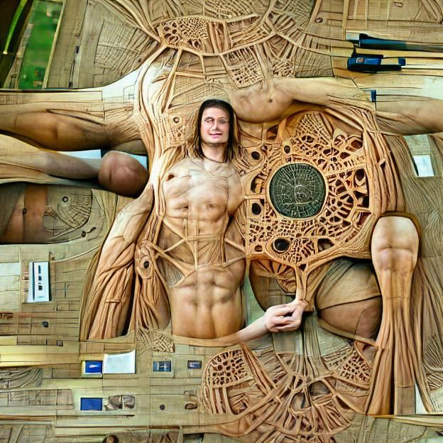 Monumental Carved Wooden Vitruvian Man Sculpture