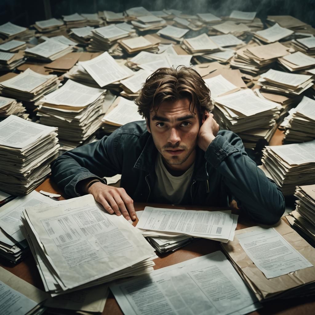 Cinematic Portrait of Exhausted Person on Documents