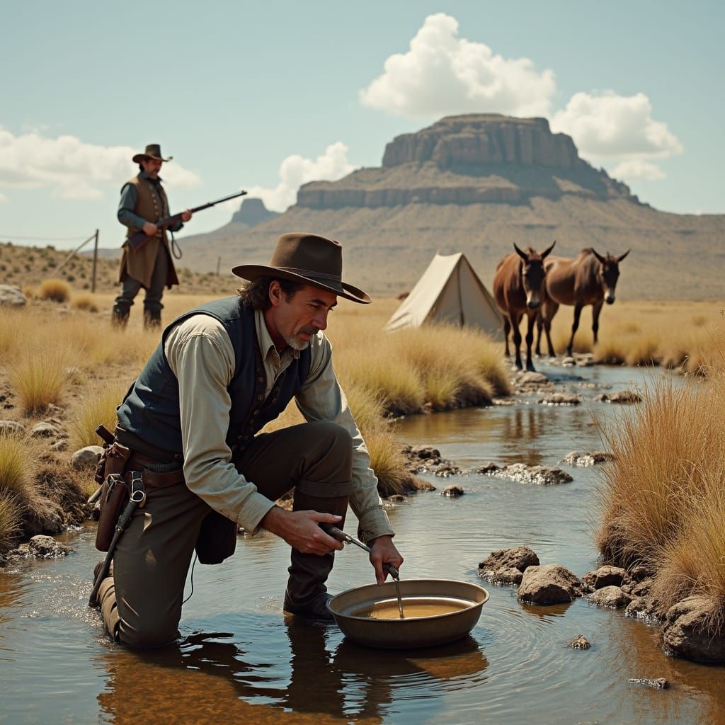 Gold Prospector in 1870s Western Landscape