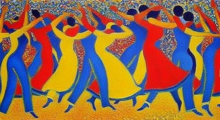Expressionist Dancers in Gold, Red, and Blue