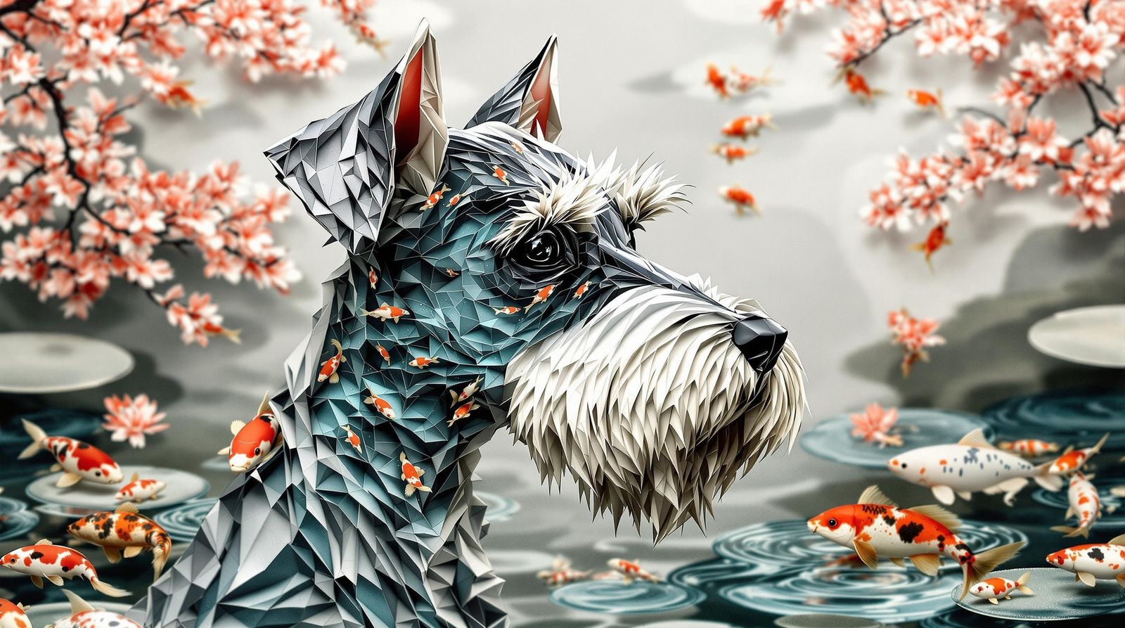 Double Exposure Origami Schnauzer with Koi Pond