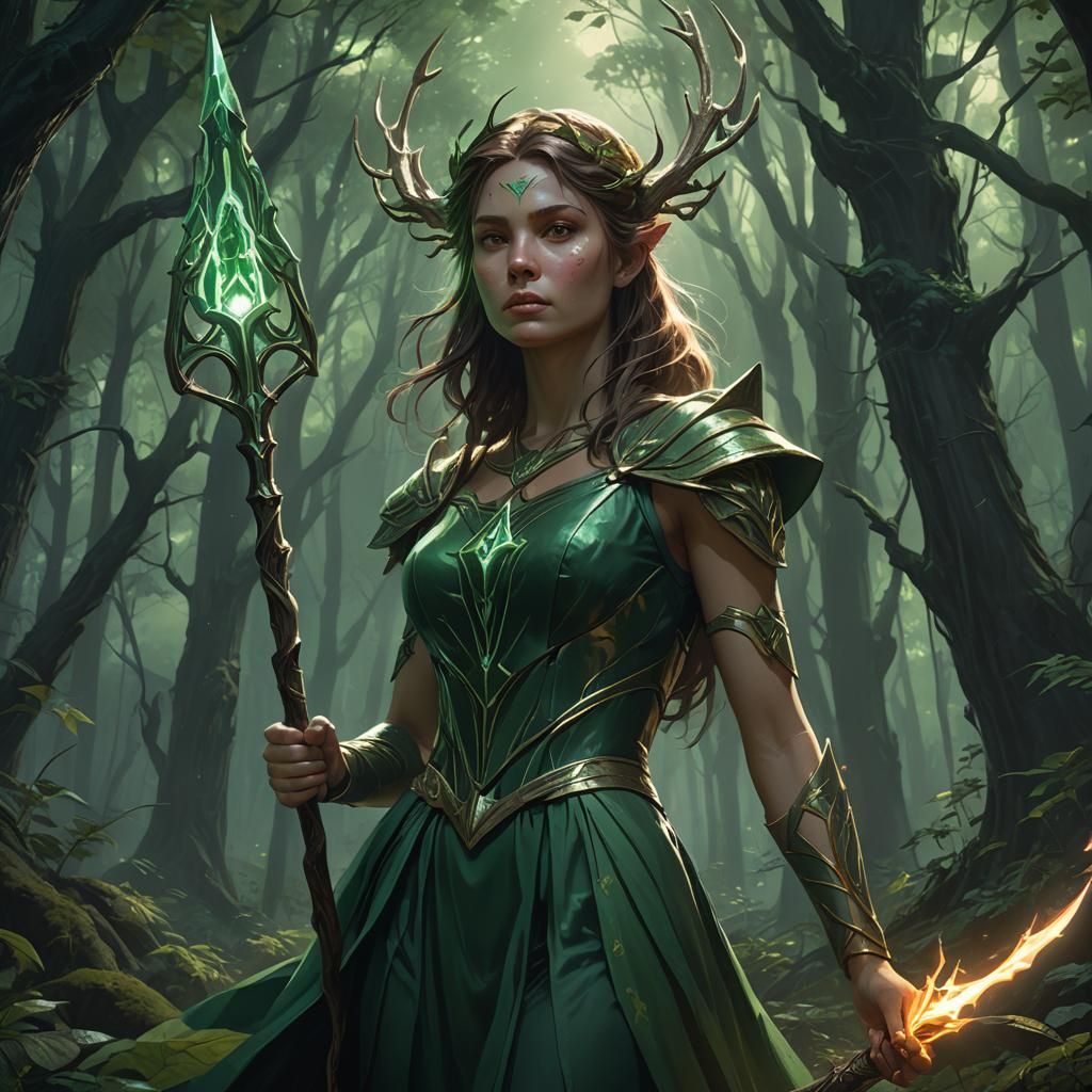 Woman with Glowing Trident in Dark Forest