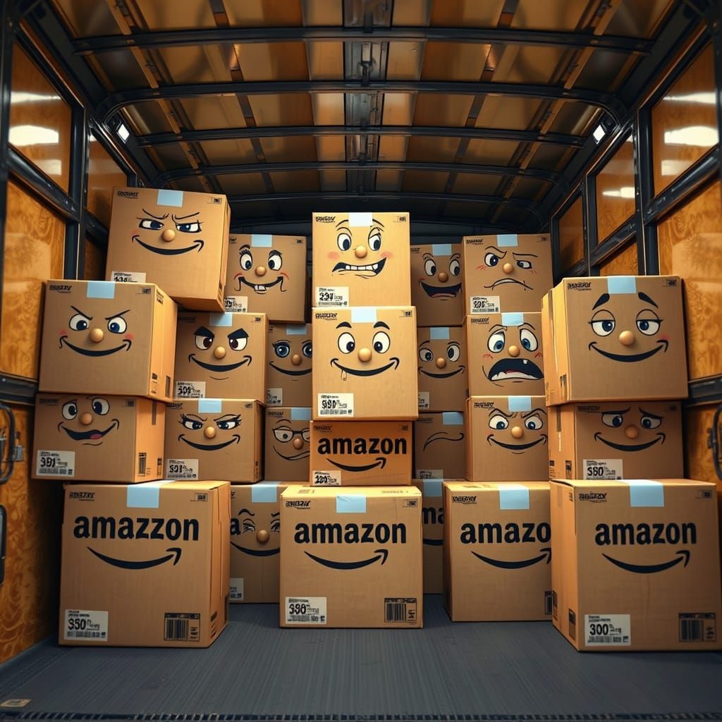 Amazon Packages with Faces in Surreal Delivery Truck