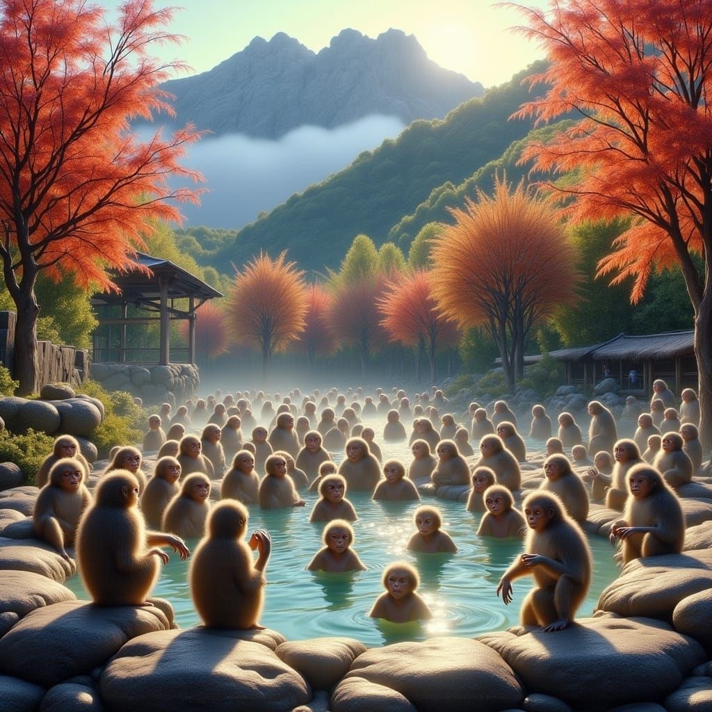 Japanese Macaques Resting in Mountain Hot Springs