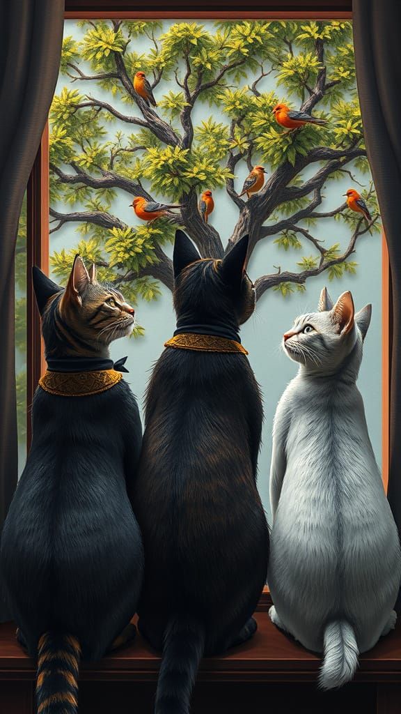Conversation Between Cats Looking Out a Window at Birds in a...