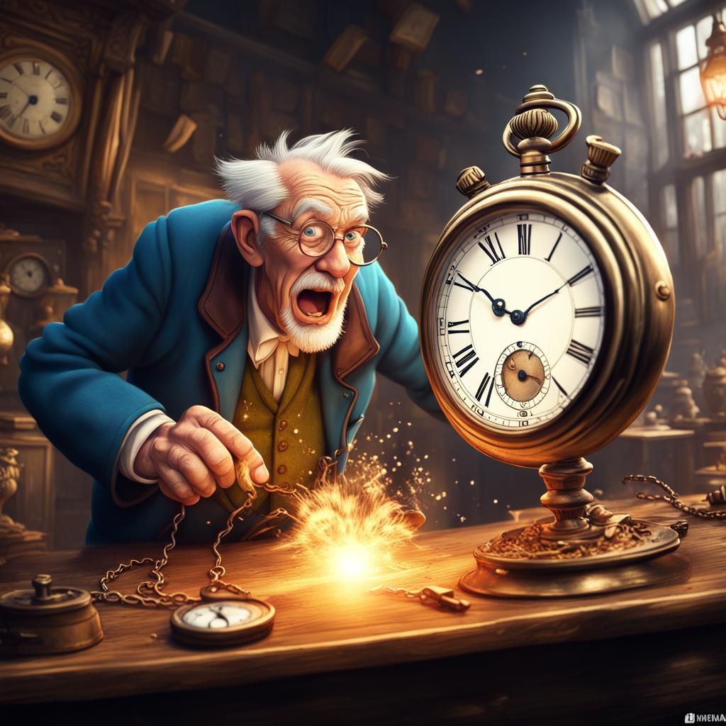 Cartoon Old Man's Exploding Pocket Watch