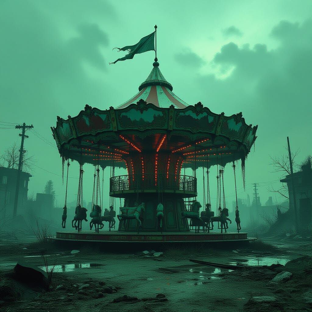 Rusted Carousel in Desolate Post-Apocalyptic Wasteland