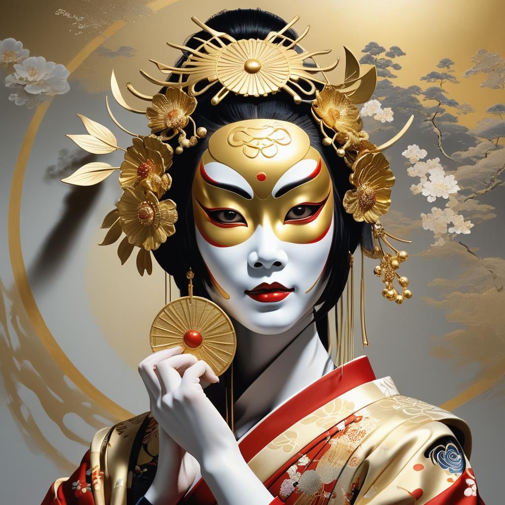 Kabuki Woman with Golden Mask: Fantasy Art