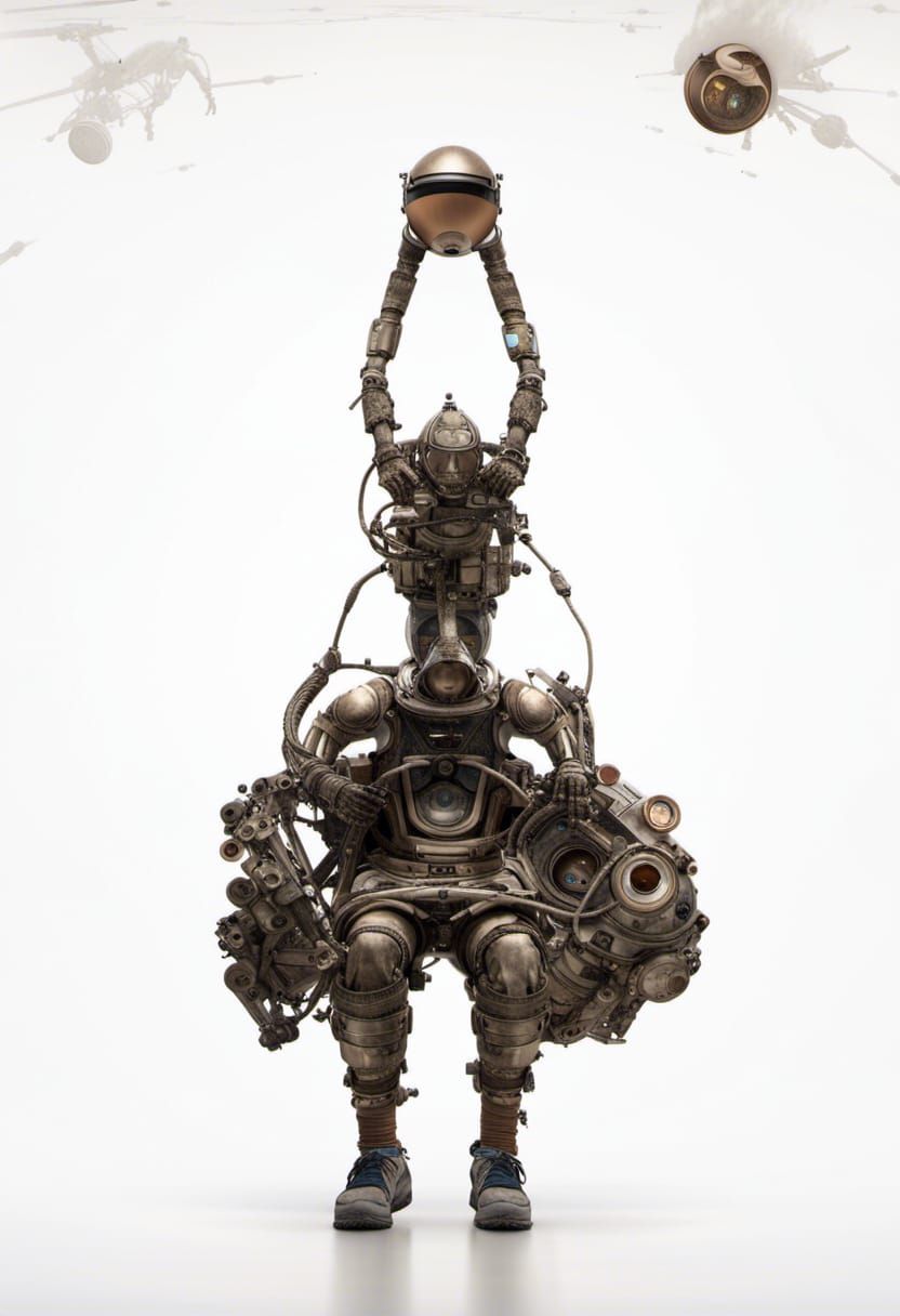 Astronaut in Space with Nuragic Statue Exoskeleton