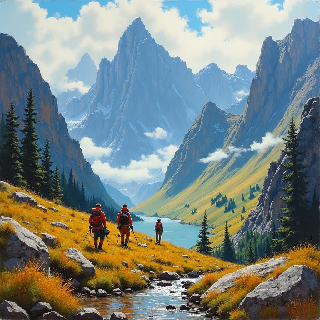 Eco-Challenge in Rugged Mountain Landscape: Impressionist St...