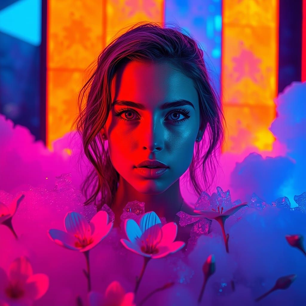Woman in Neon Haze with Glowing Flowers