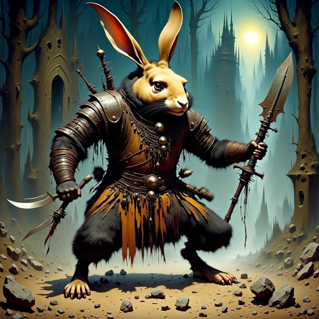 Rabbit Warrior with Broken Sword in Forest Ruins