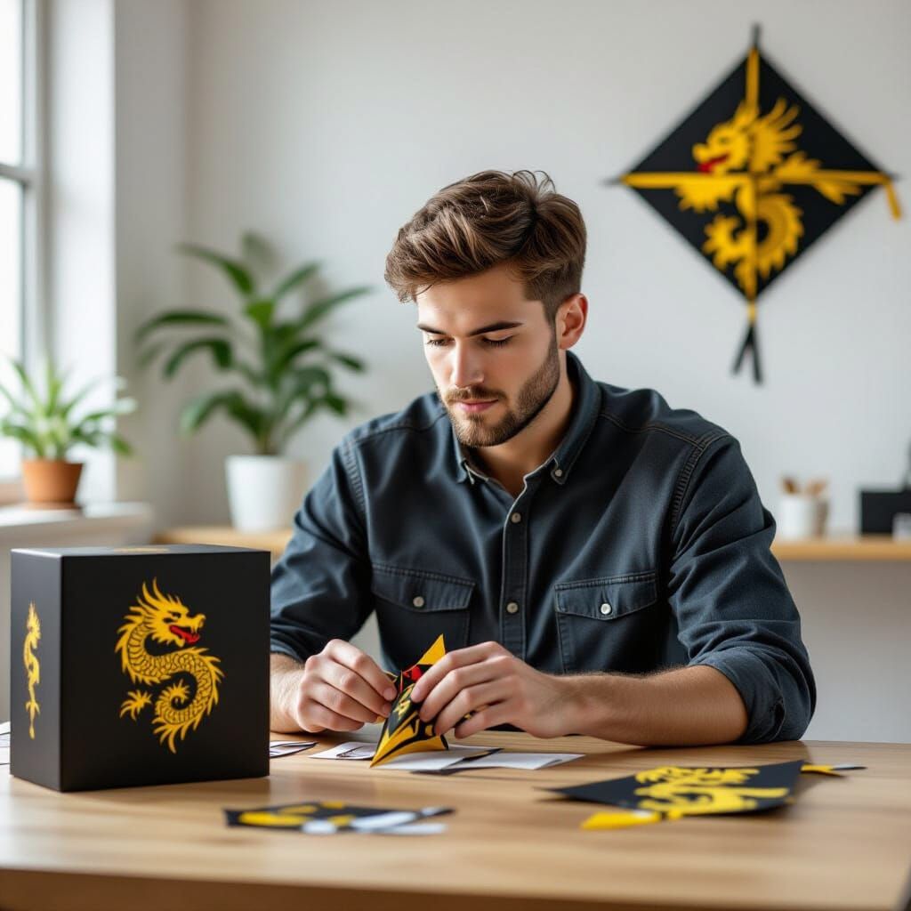 Man Assembling Dragon Kite in Bright Studio
