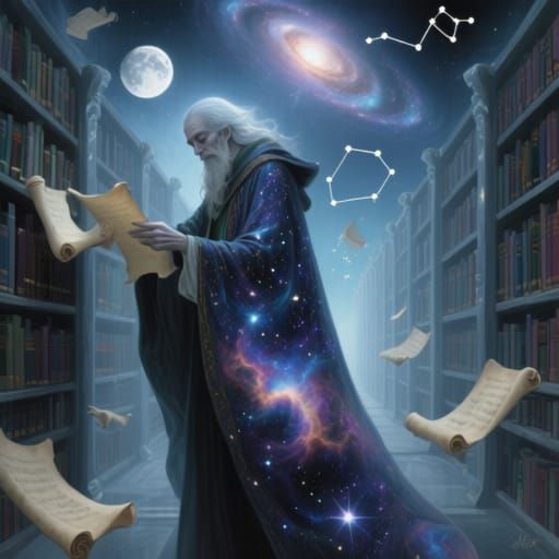 Celestial Librarian Sorting Cosmic Scrolls in Moonlight Libr...