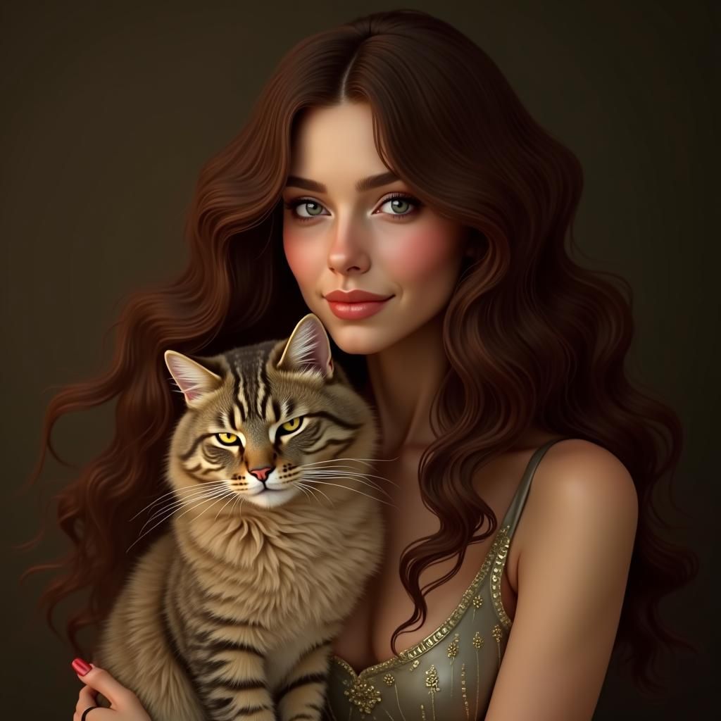 Woman and Cat with Art Nouveau Flair