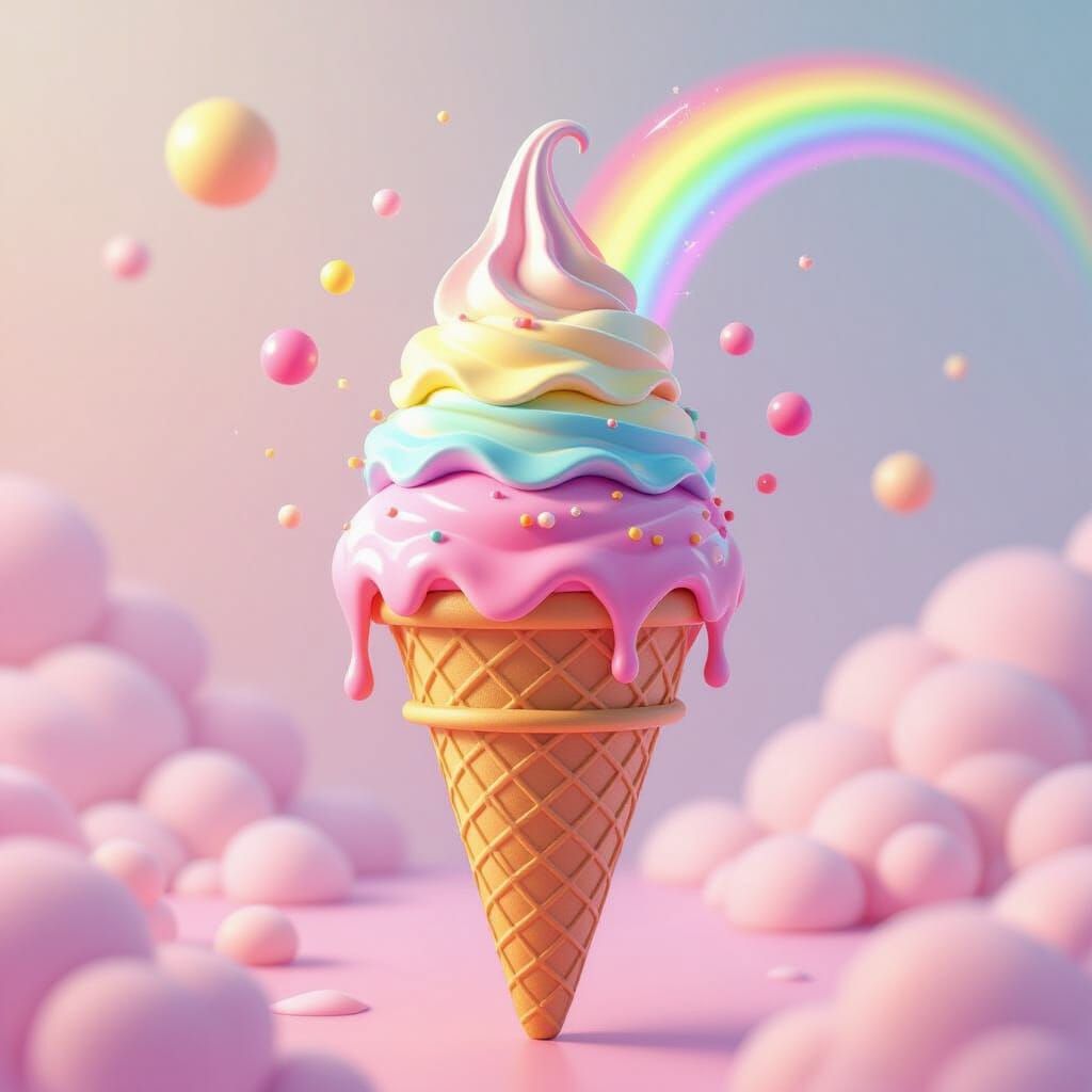 Kawaii Ice Cream Rainbow in Magical Pastel Atmosphere