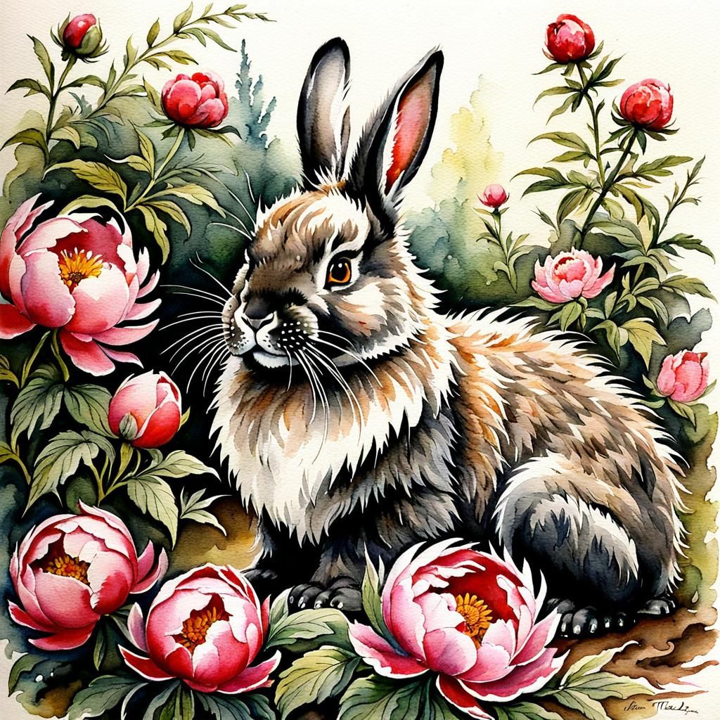 Bunny and Dragon Watercolor Painting with Peonies