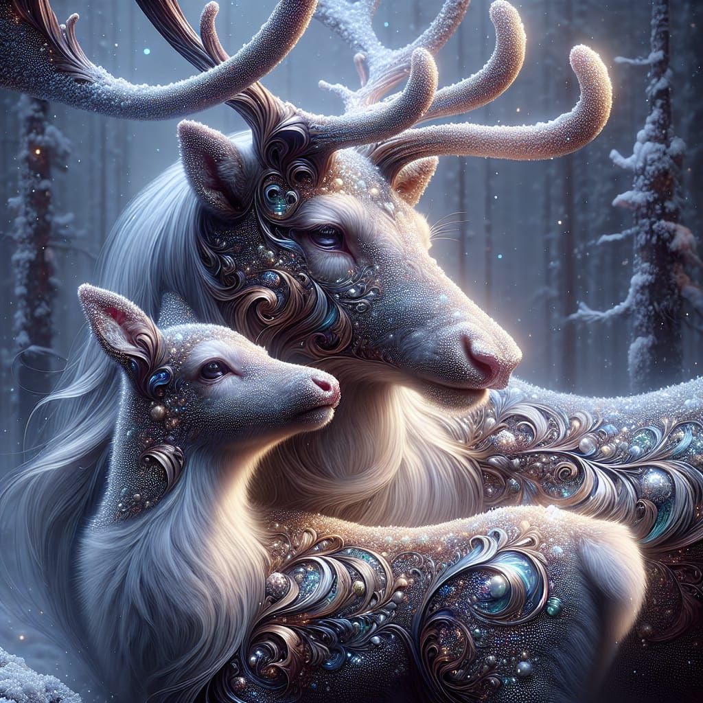 Sparkling Reindeer Mother and Fawn in Snowy Forest