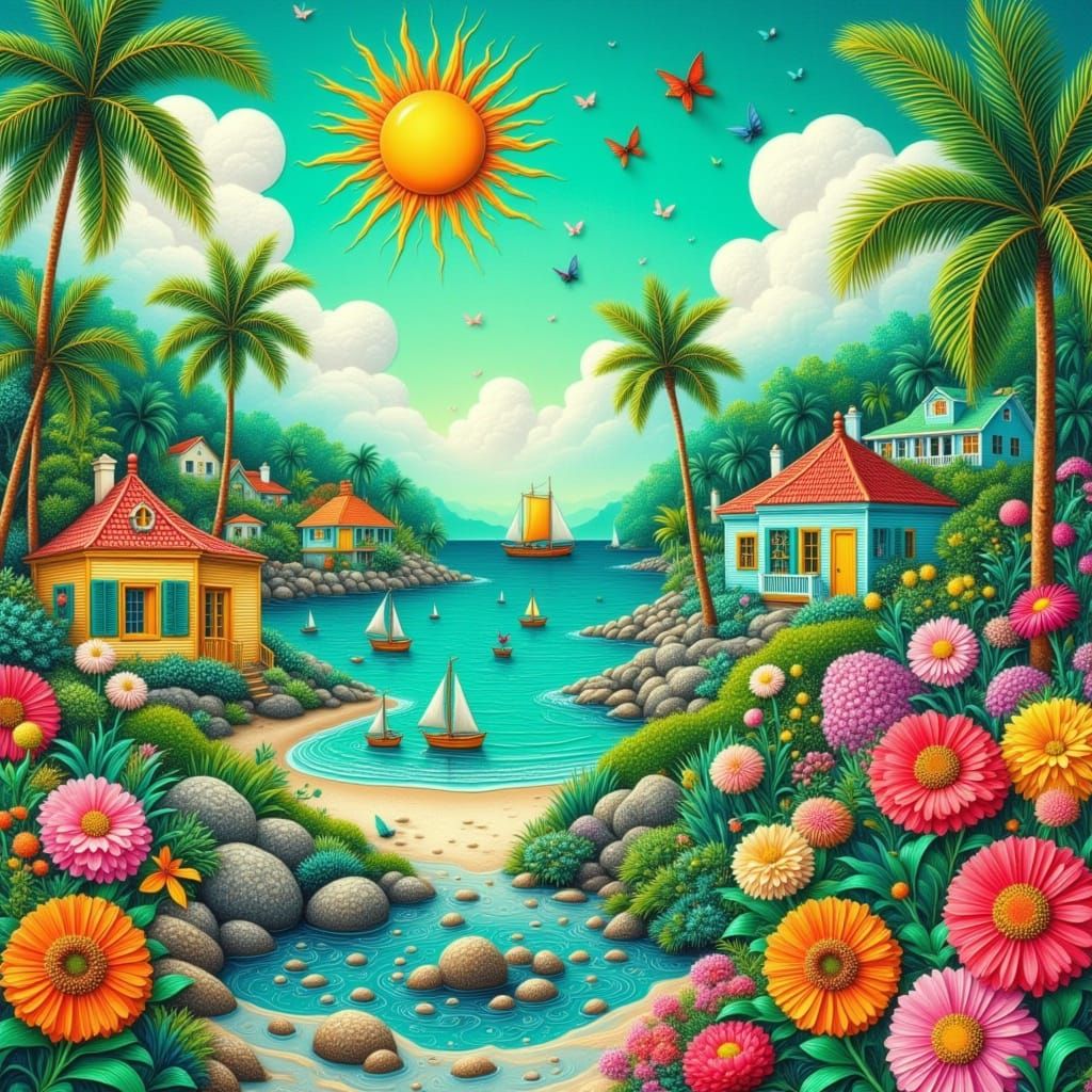 Vibrant Key West Neighborhood in Collage Style