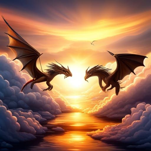 Dragons Fly in a Golden Sunrise Sky
