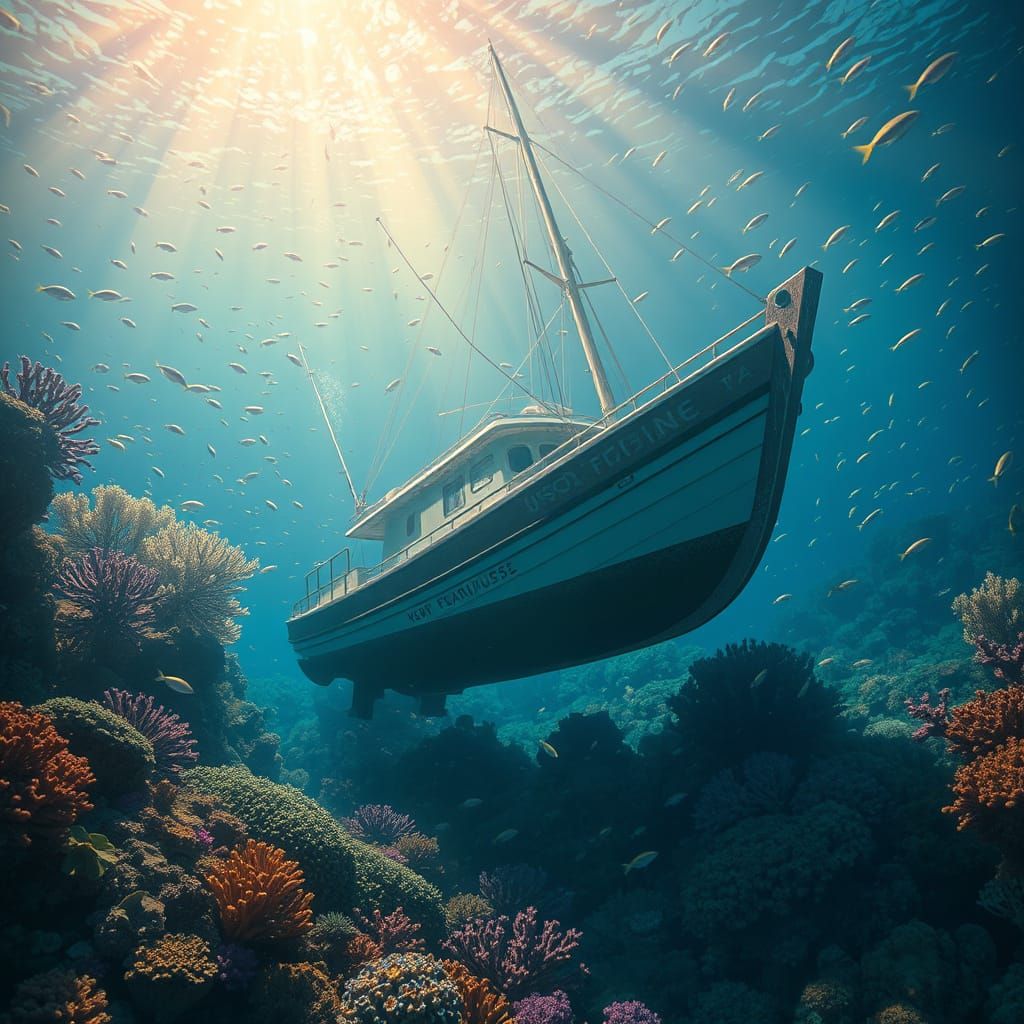 Underwater Boat Scene with Coral and Fish