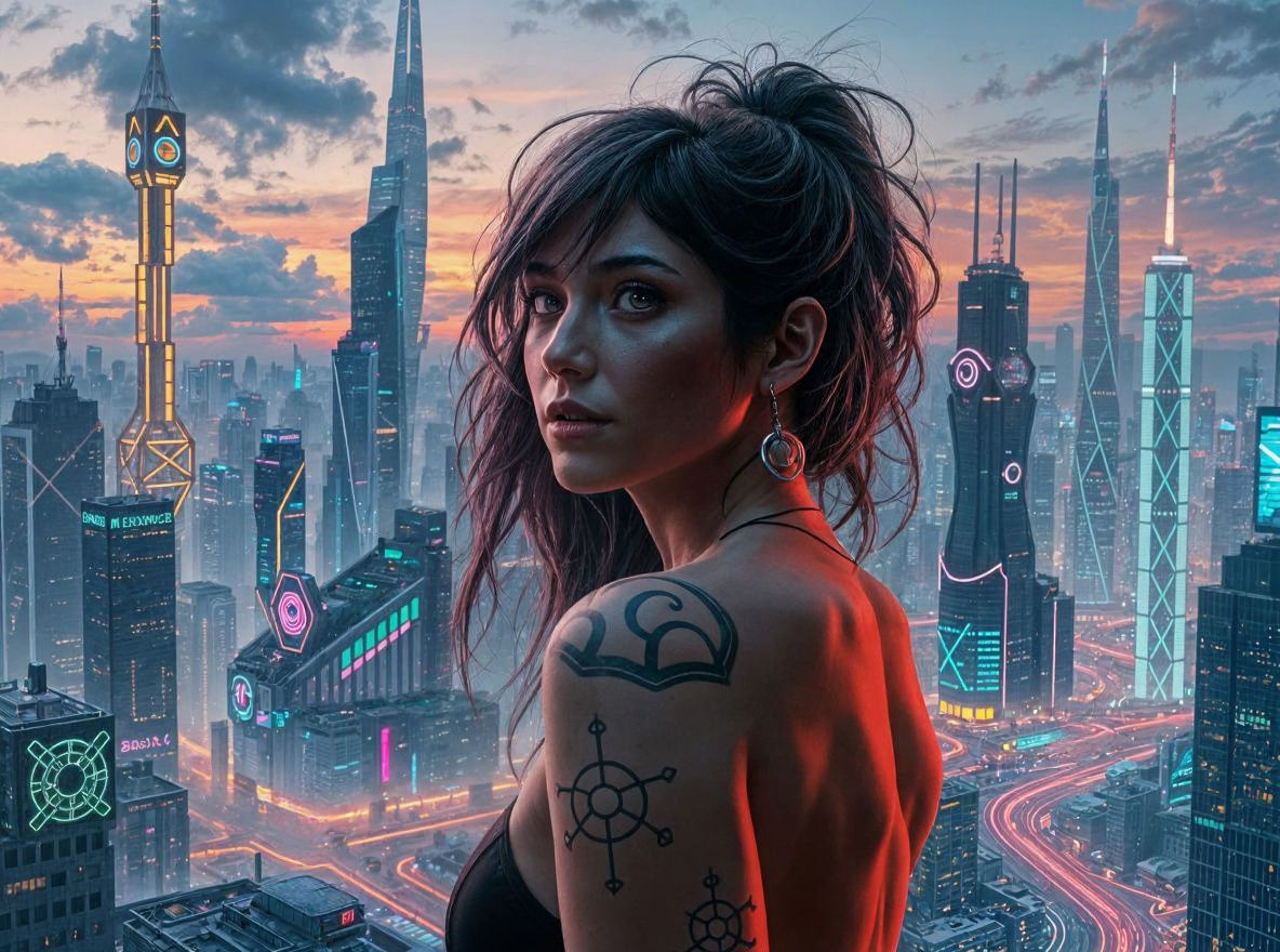 Cybernetic Wolf Sentinel in Neon Cityscape