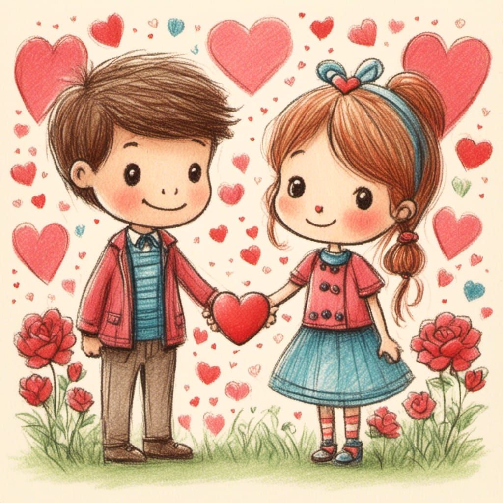 Valentine's Day Couple in Children's Book Style
