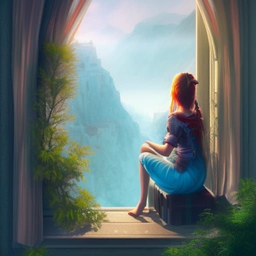 Girl on Balcony with Scenic View in Detailed Matte Painting