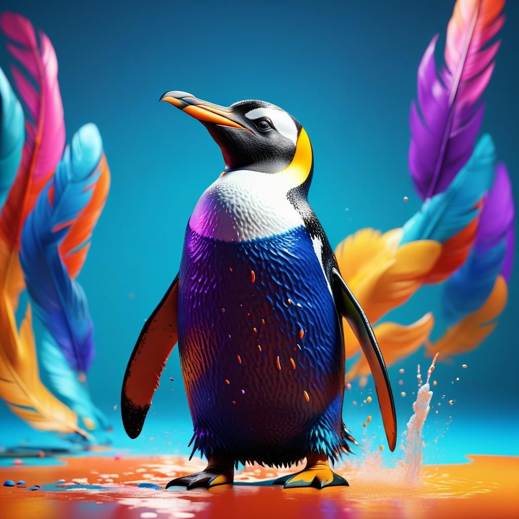 Hyperrealistic Penguin Splash Art in Vibrant Colors