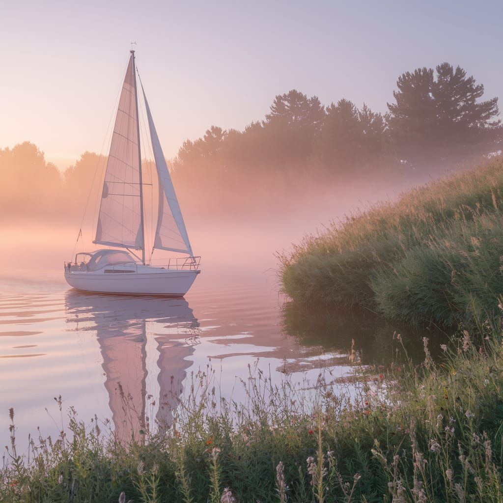 Sailboat on Misty Lake at Dawn in Watercolor Style