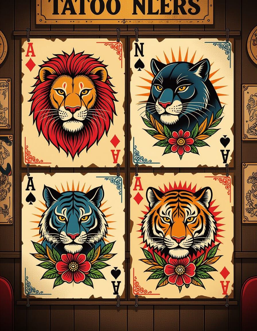 Vintage Tattoo Parlor Flash Sheets: Lions, Panthers, Tigers