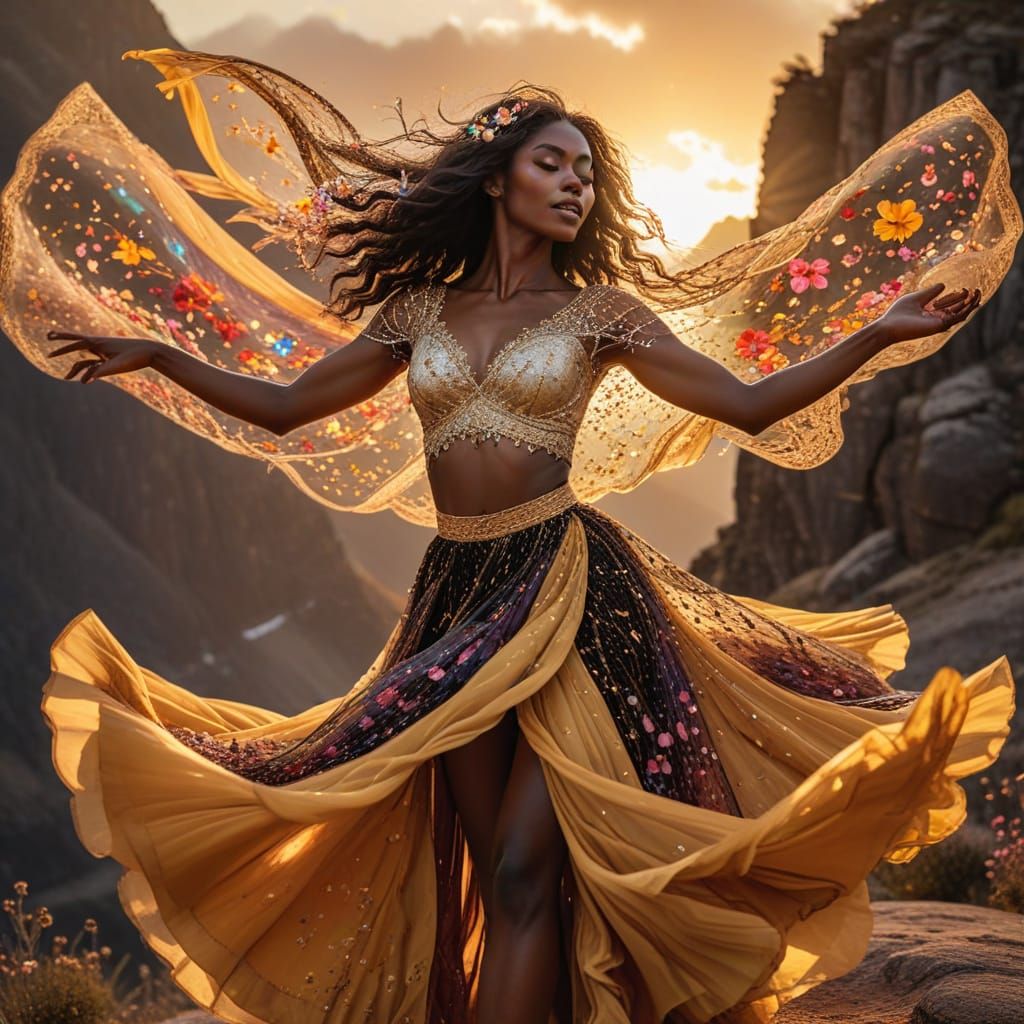 Woman Dancing in Multicolored Skirt at Golden Sunset