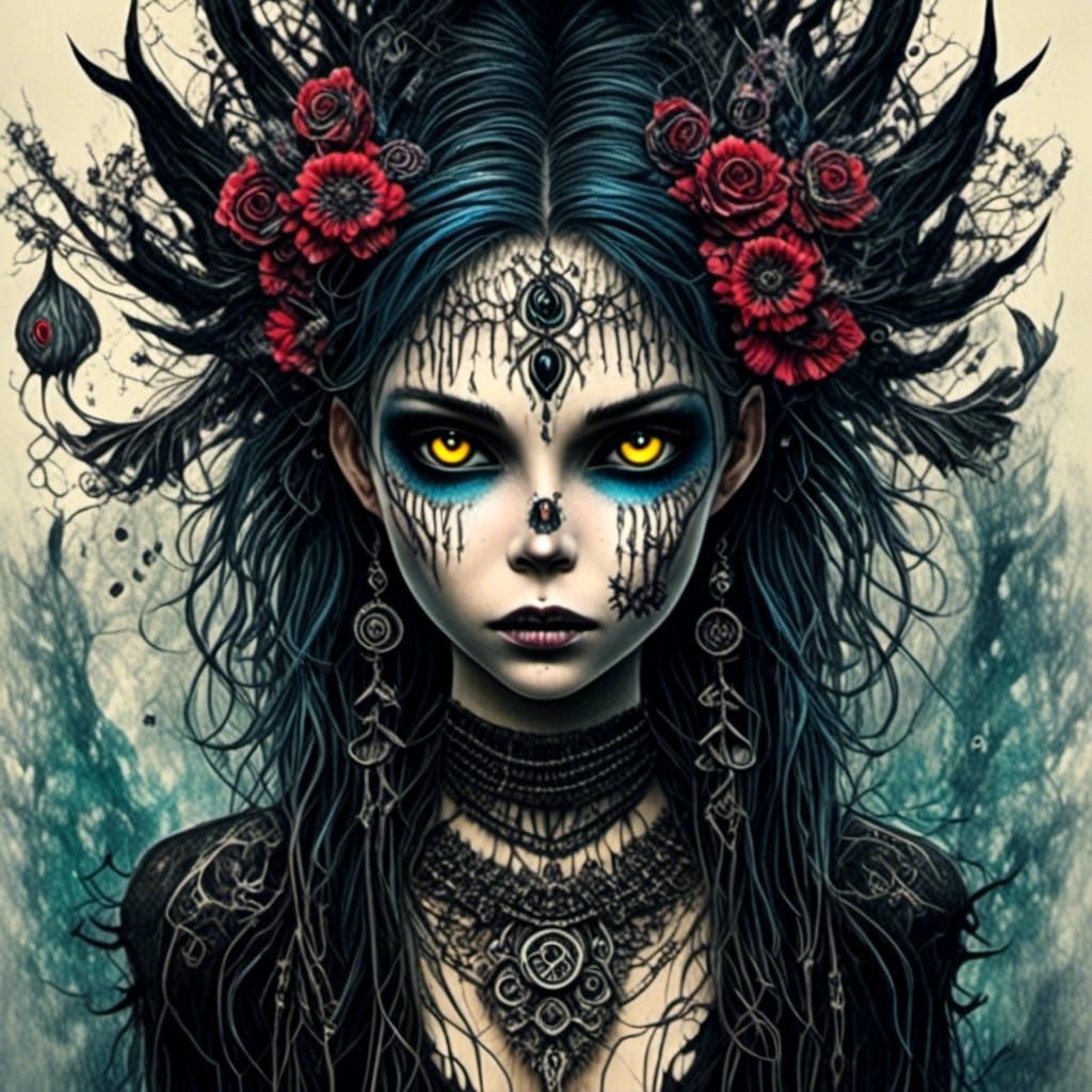 Punk Pixie Girl with Wolf, Bioluminescent Tattoos